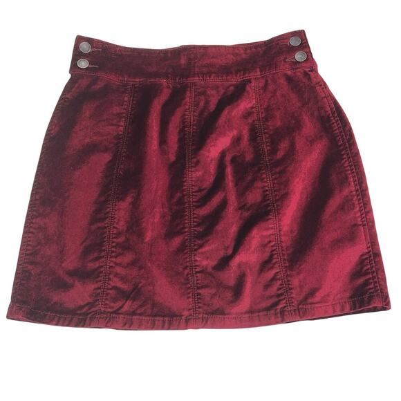 Free People Crimson Red Velvet Seamed Mini Skirt Rear Zip Button Waist Size 26 - Picture 1 of 11